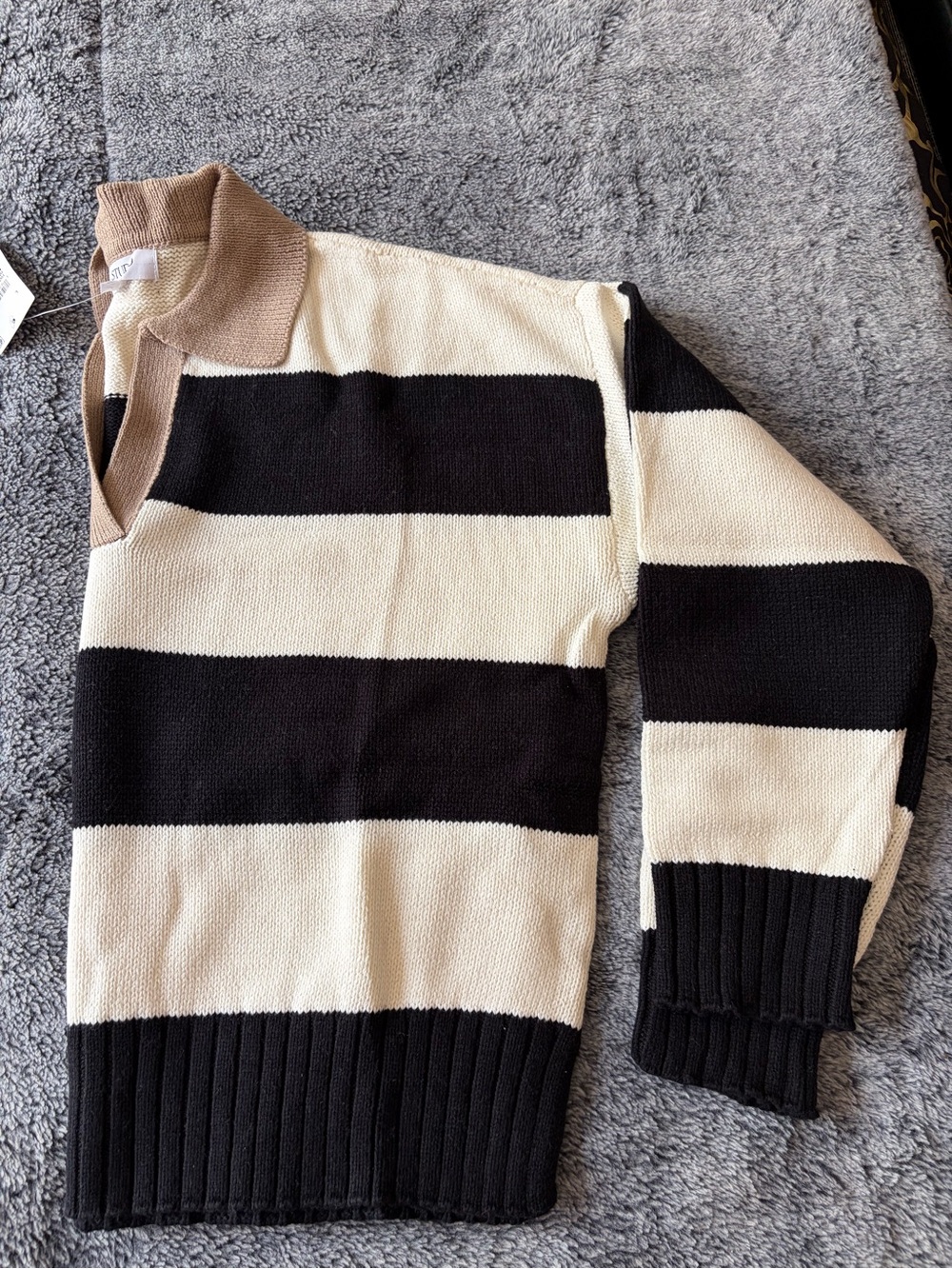 Men's Black and Cream Striped Polo Sweater